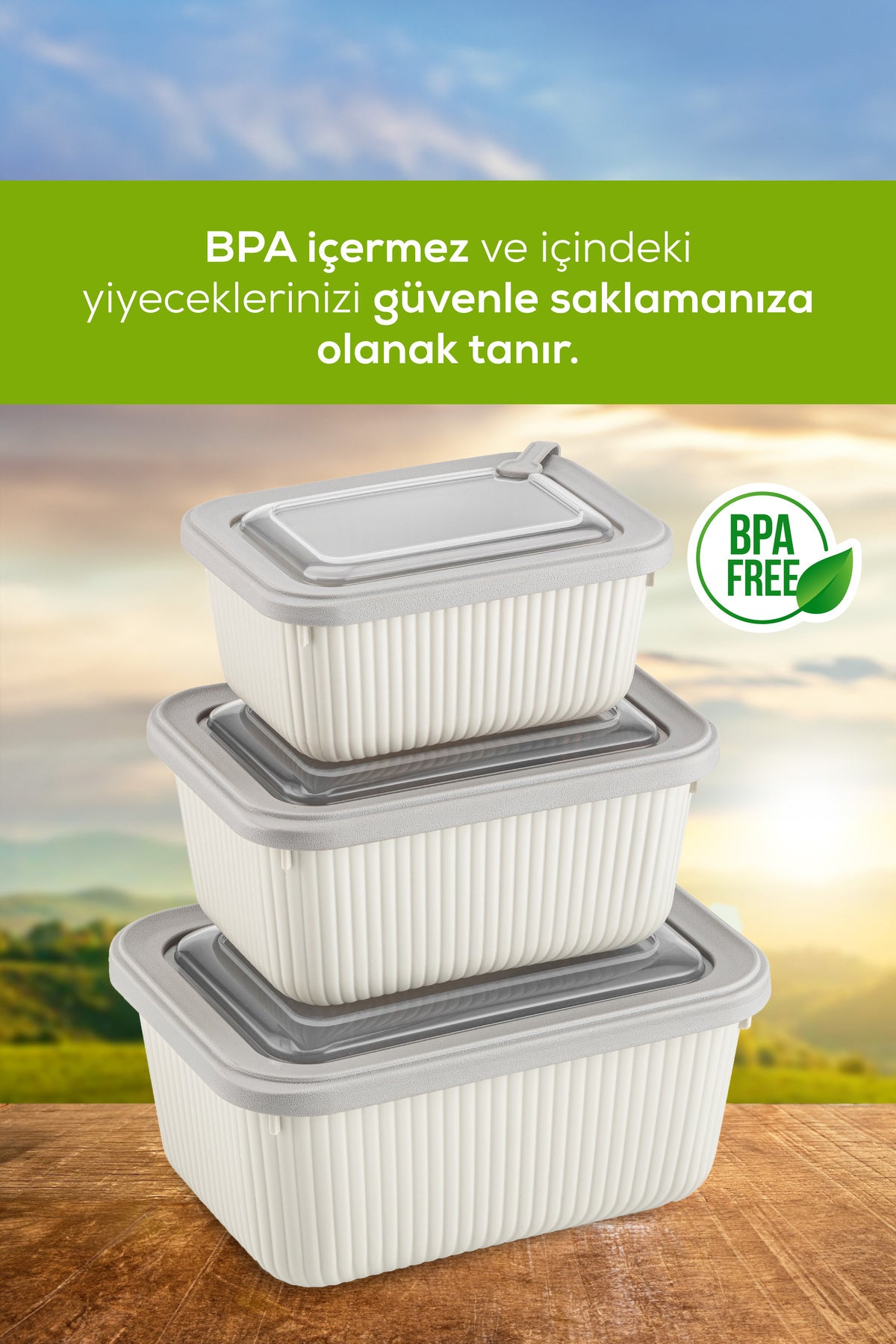 12'li Vip Dikdörtgen Mikrodalga Ve Difrize Uygun Saklama Kabı Seti Bej 4x(1750,1050,600 ml)