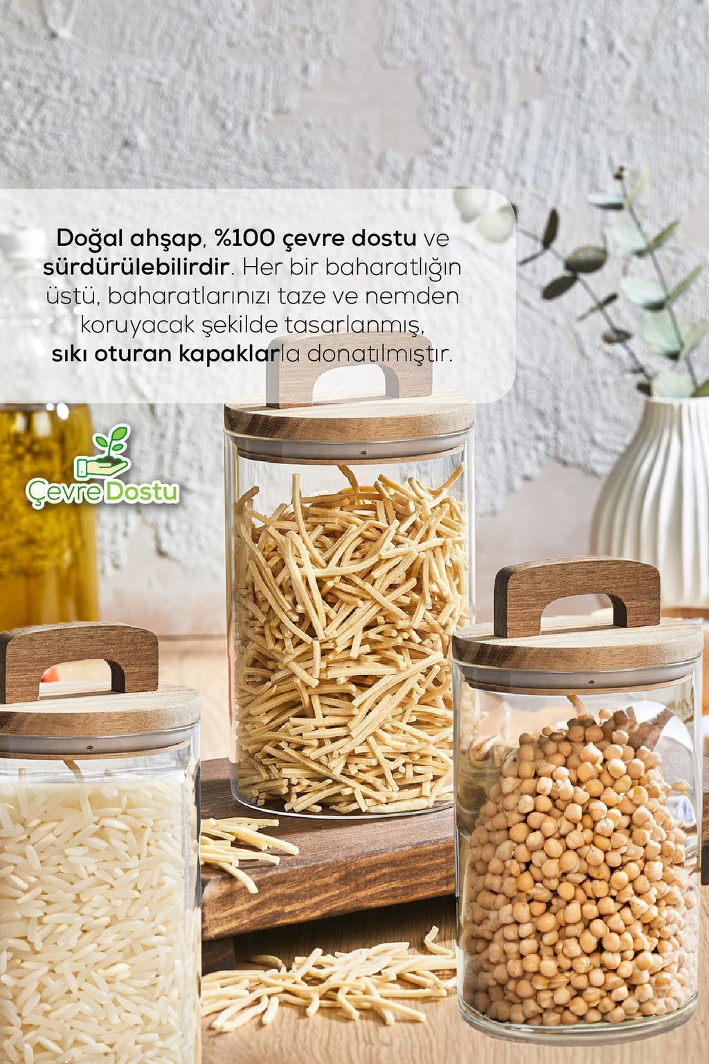 3'lü 1000 ml Ahşap Kapaklı Tutacaklı Kavanoz