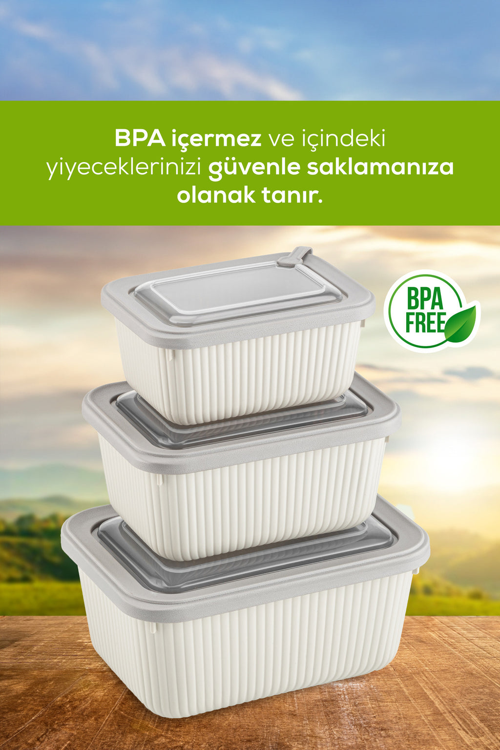 6'lı Vip Dikdörtgen Mikrodalga Ve Difrize Uygun Saklama Kabı Seti Bej 2x(1750,1050,600 ml)