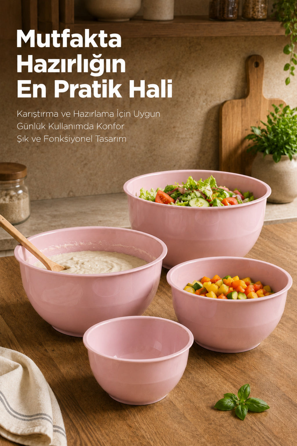 4'lü Karıştırma Ve Hazırlama Kabı Seti - Pudra Pembe - 1L 1.5L 2.3L 3.3L