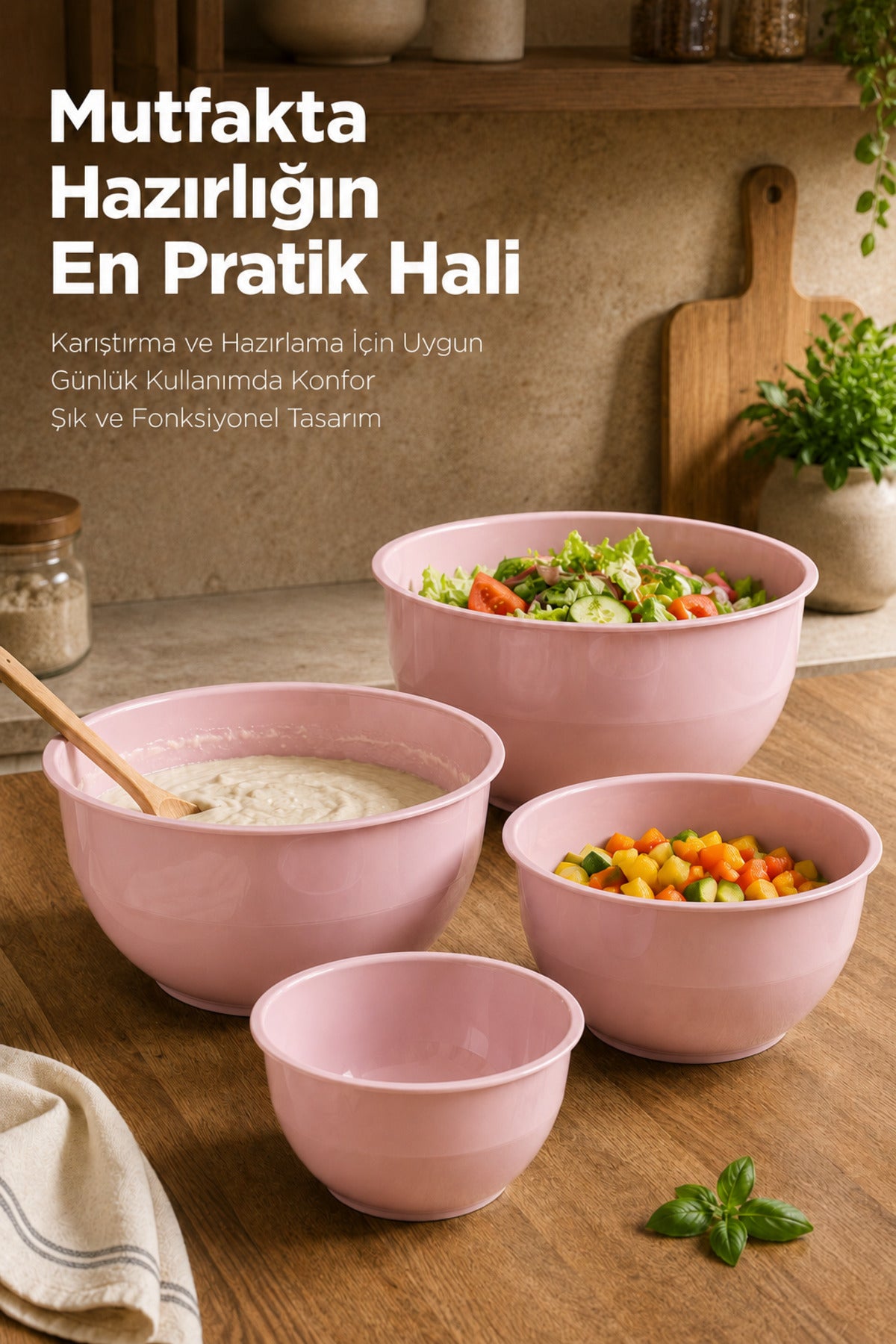 8'li Karıştırma Ve Hazırlama Kabı Seti Pembe - 1L 1.5L 2.3L 3.3L