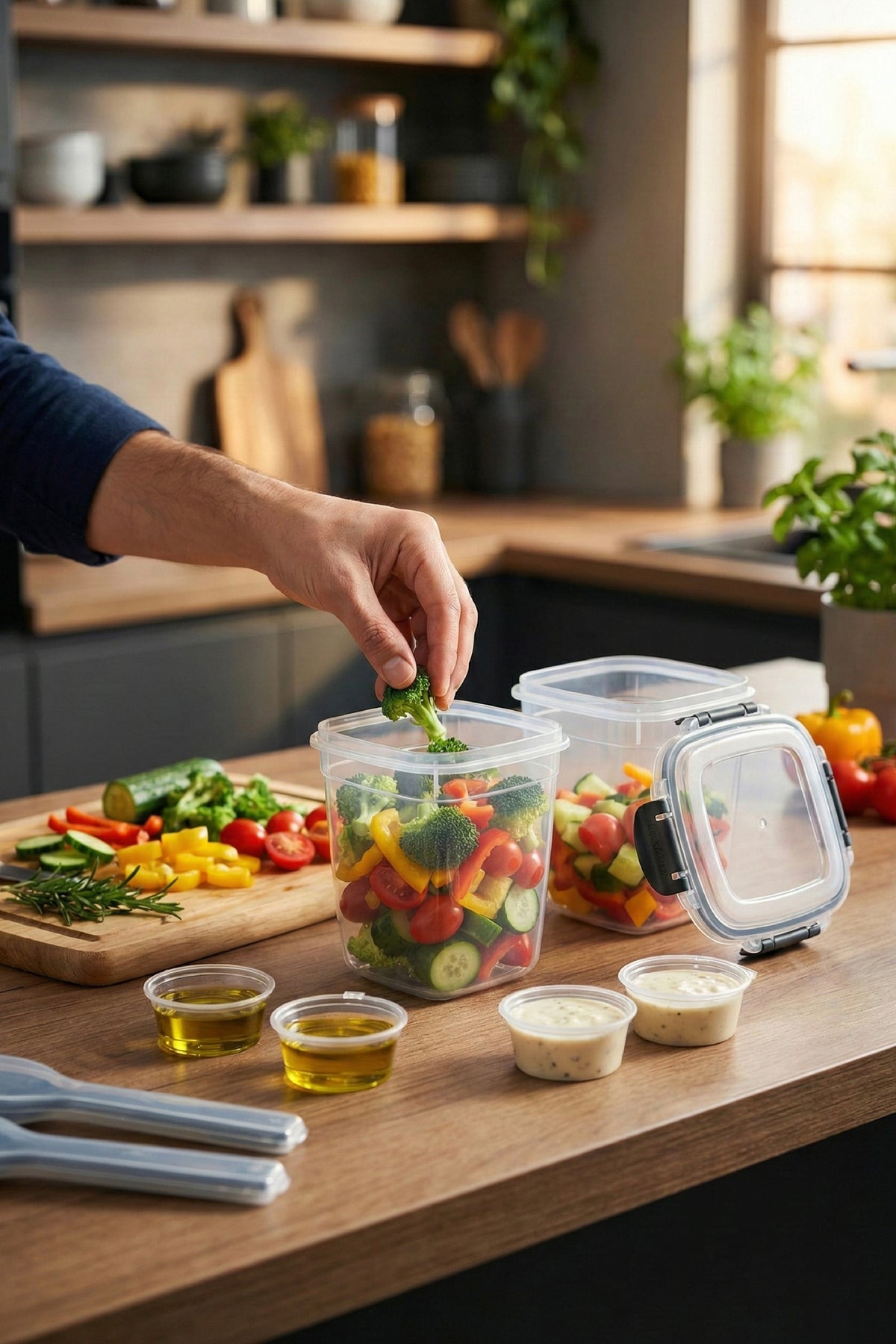 2'li Kilitli Kapak 1075ml Yemek Saklama Kabı - 4 Sosluk ve 2 Kaşık Setli Pratik Öğün Kabı