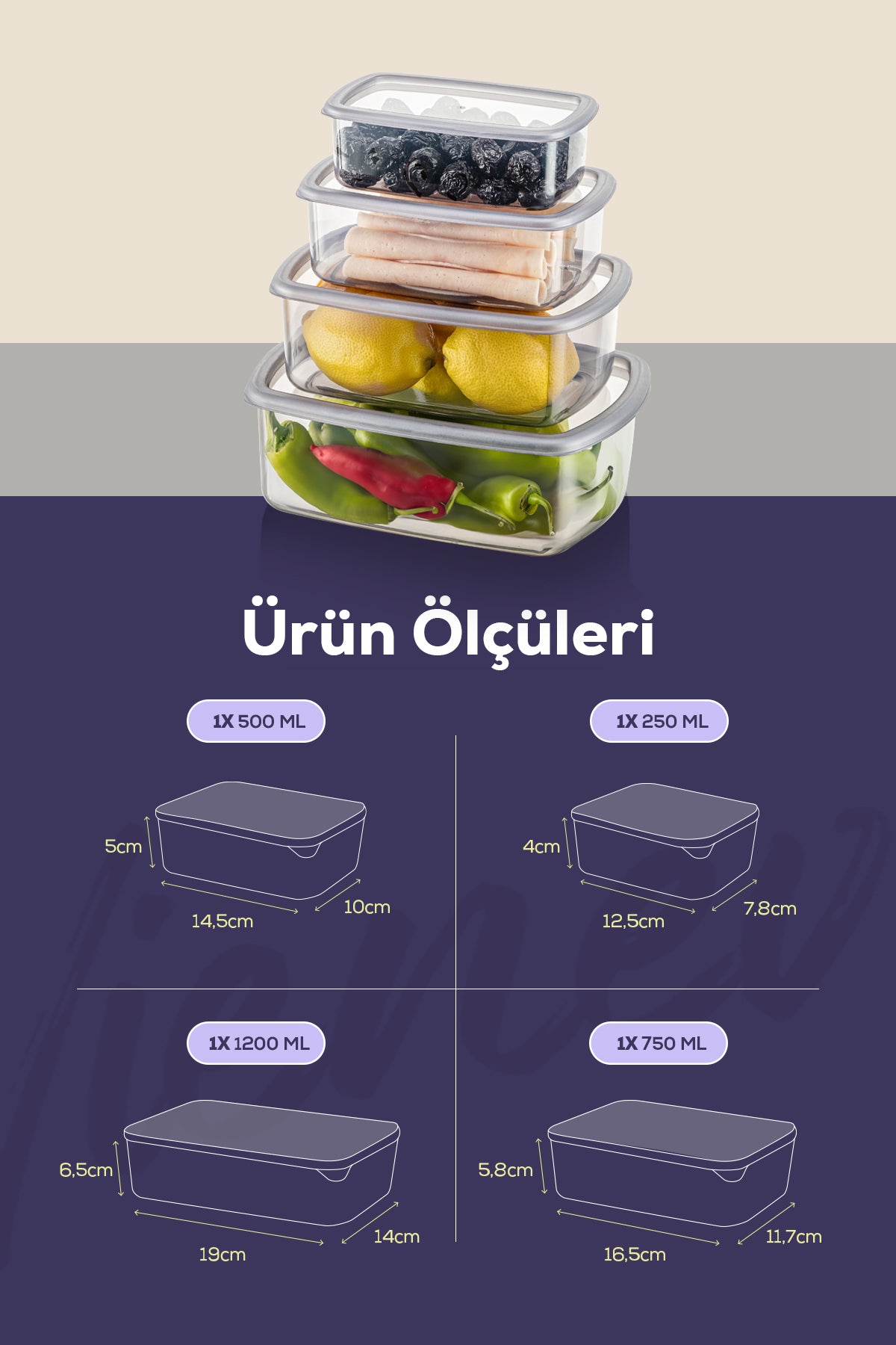 4'lü Hava Geçirmez Saklama Kabı Seti Antrasit 1x(250-500-750-1200 ML)