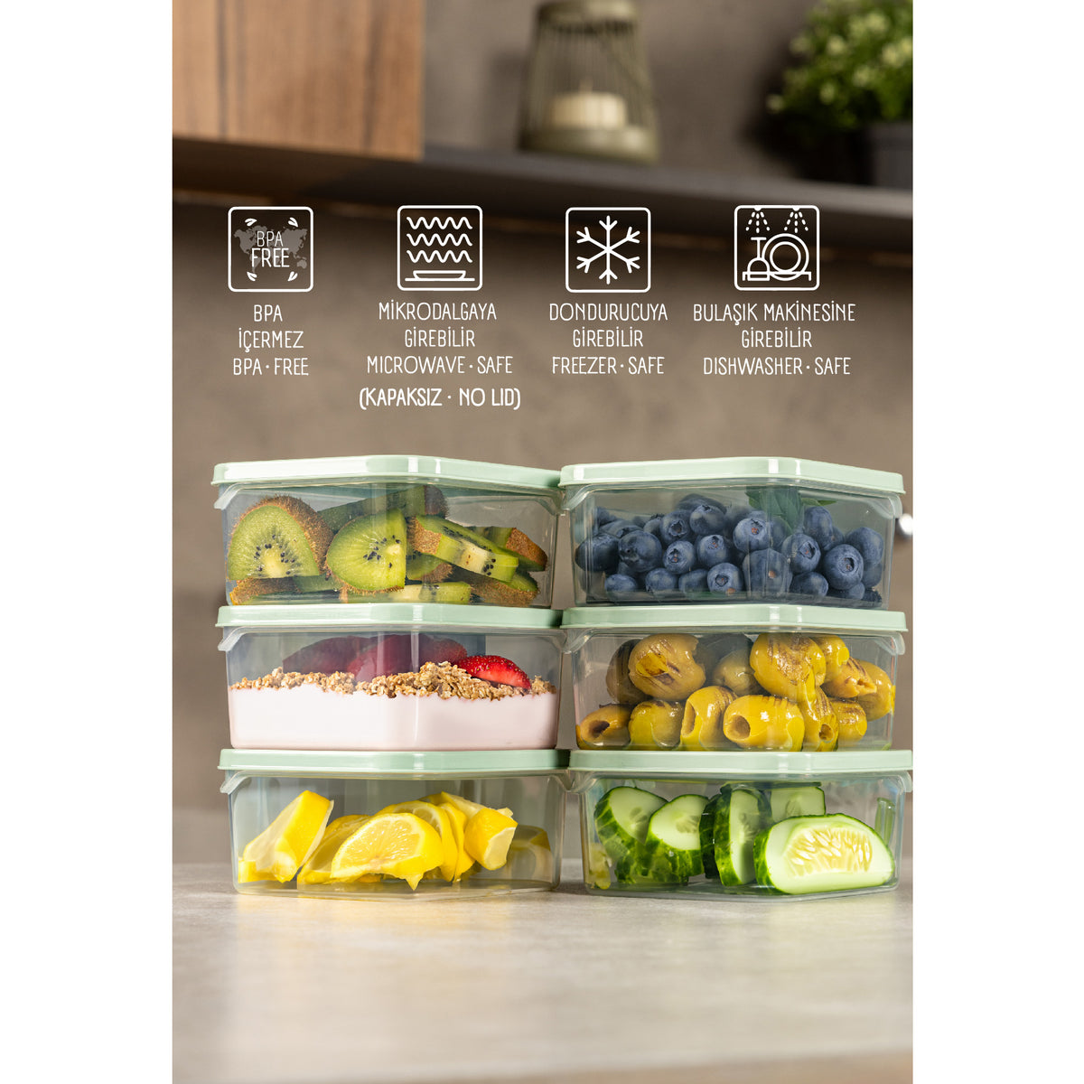 6'lı 350 ml Buzdolabı Dondurucu Organizer Mikrodalga Ve Difrize Uygun Saklama Kabı Mint