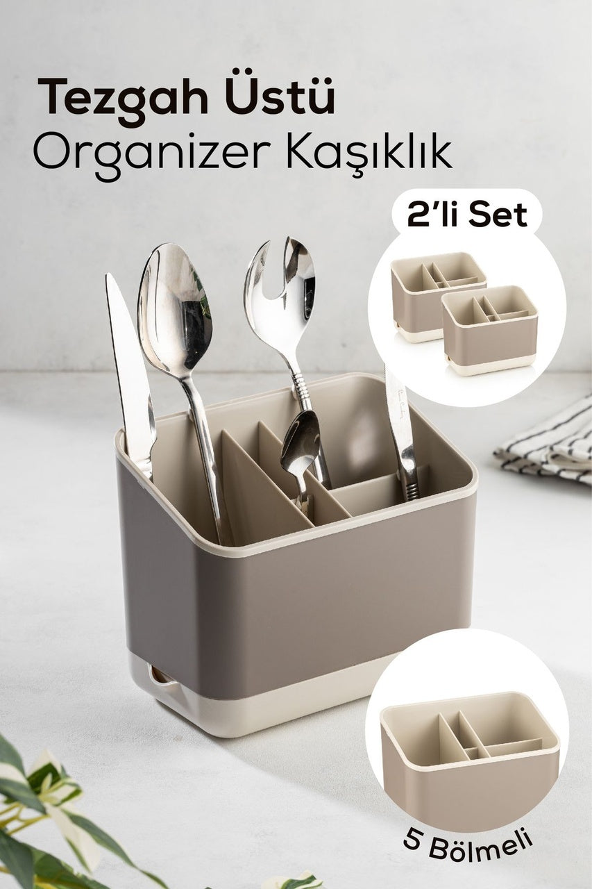 2 Adet Tezgah Üstü Kaşık Düzenleyici 5 Bölmeli Organizer Kaşıklık Bej