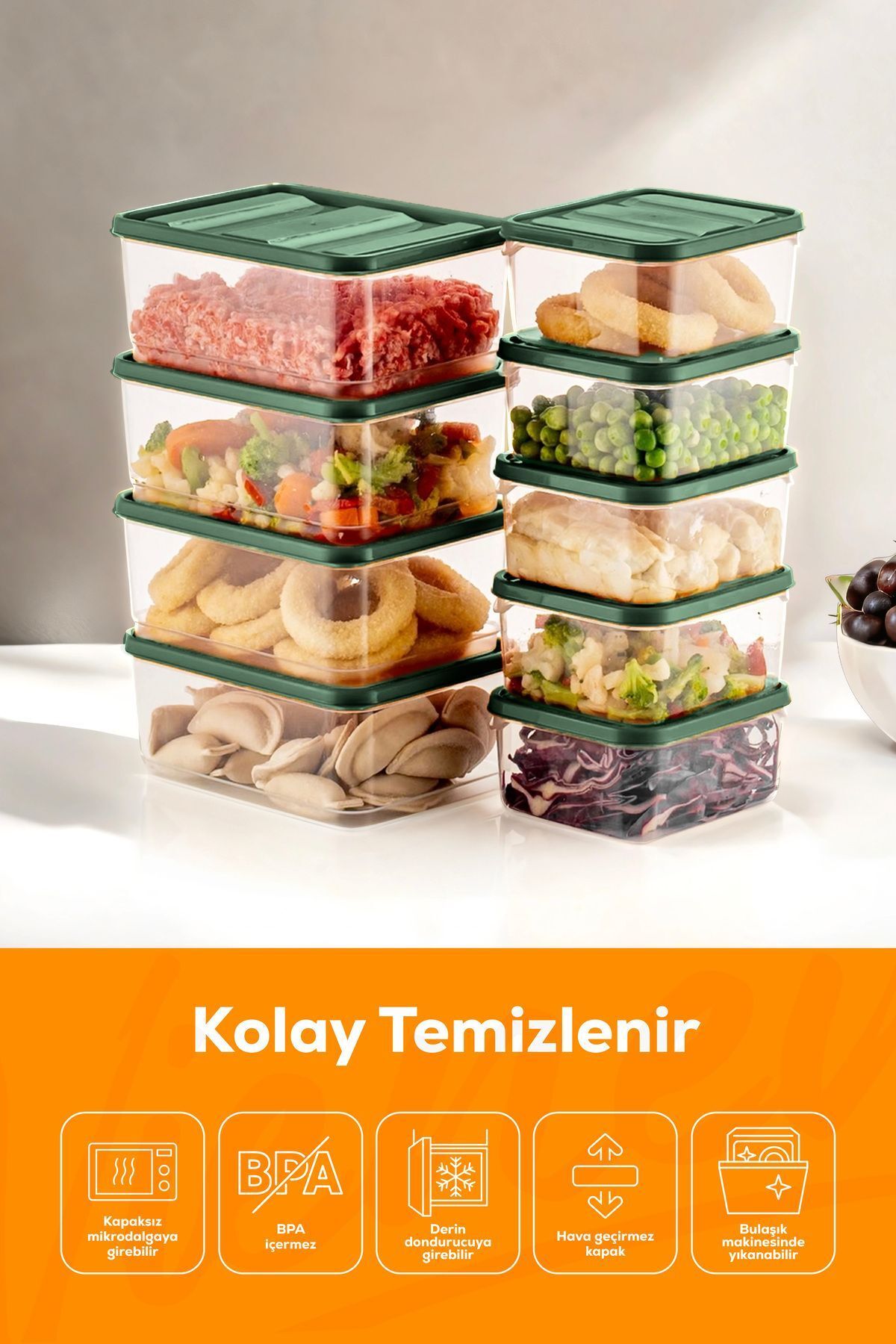 10'lu Buzdolabı Düzenleyici Organizer Mikrodalgaya Uygun Difriz Saklama Kabı Yeşil