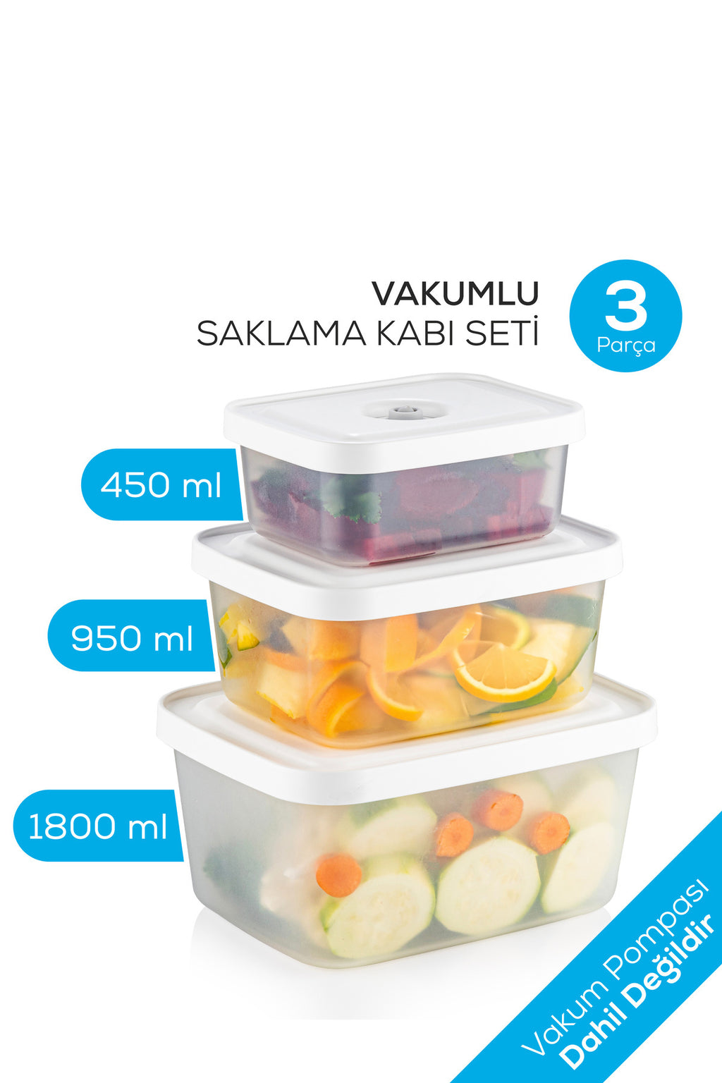 VacuumFresh 3 Parça Vakumlu Gıda Saklama Kabı Seti