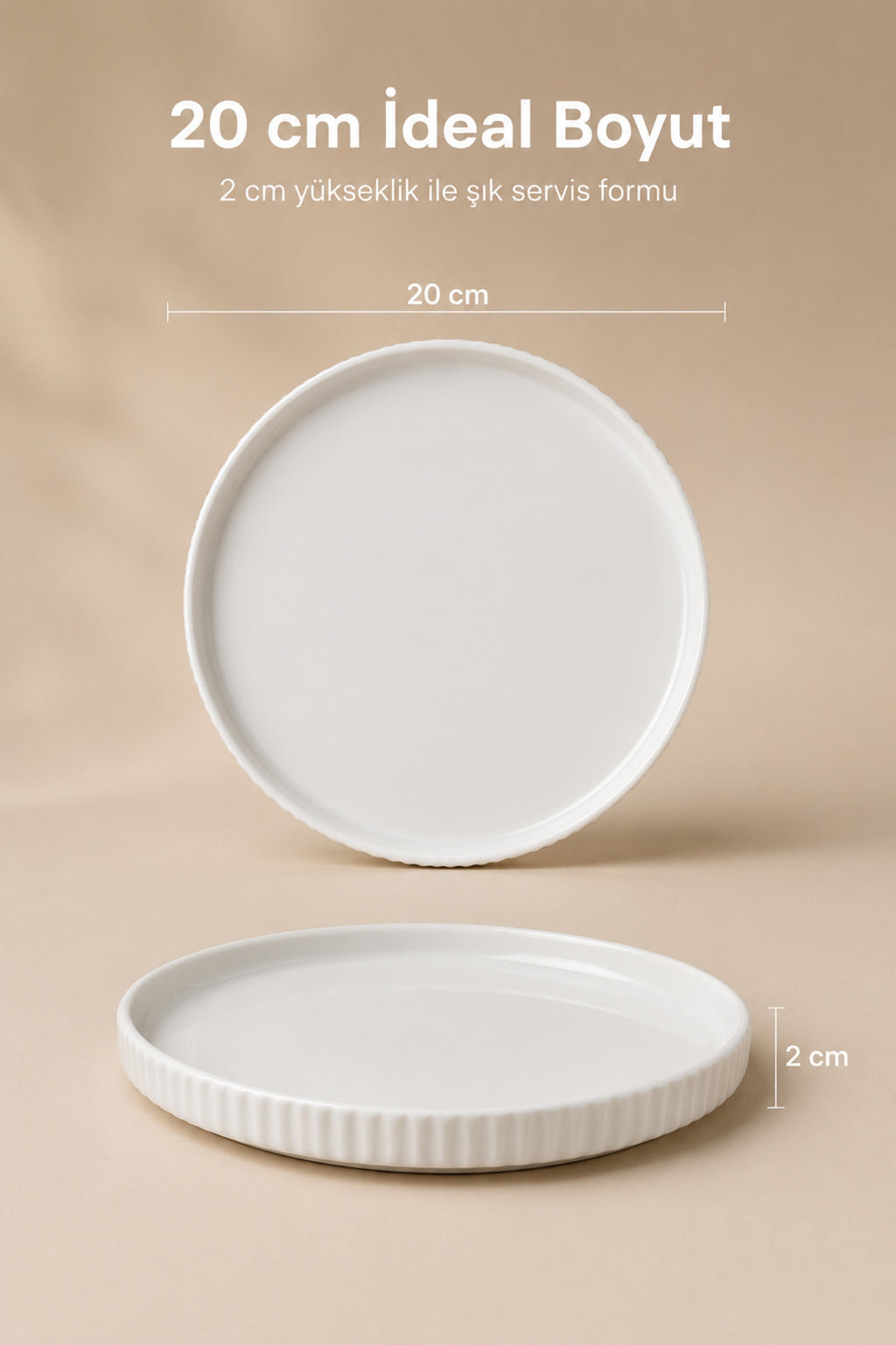 2 Parça 20 cm Porselen Servis Tabağı Seti - Modern Çizgili Yuvarlak Sunum Tabağı