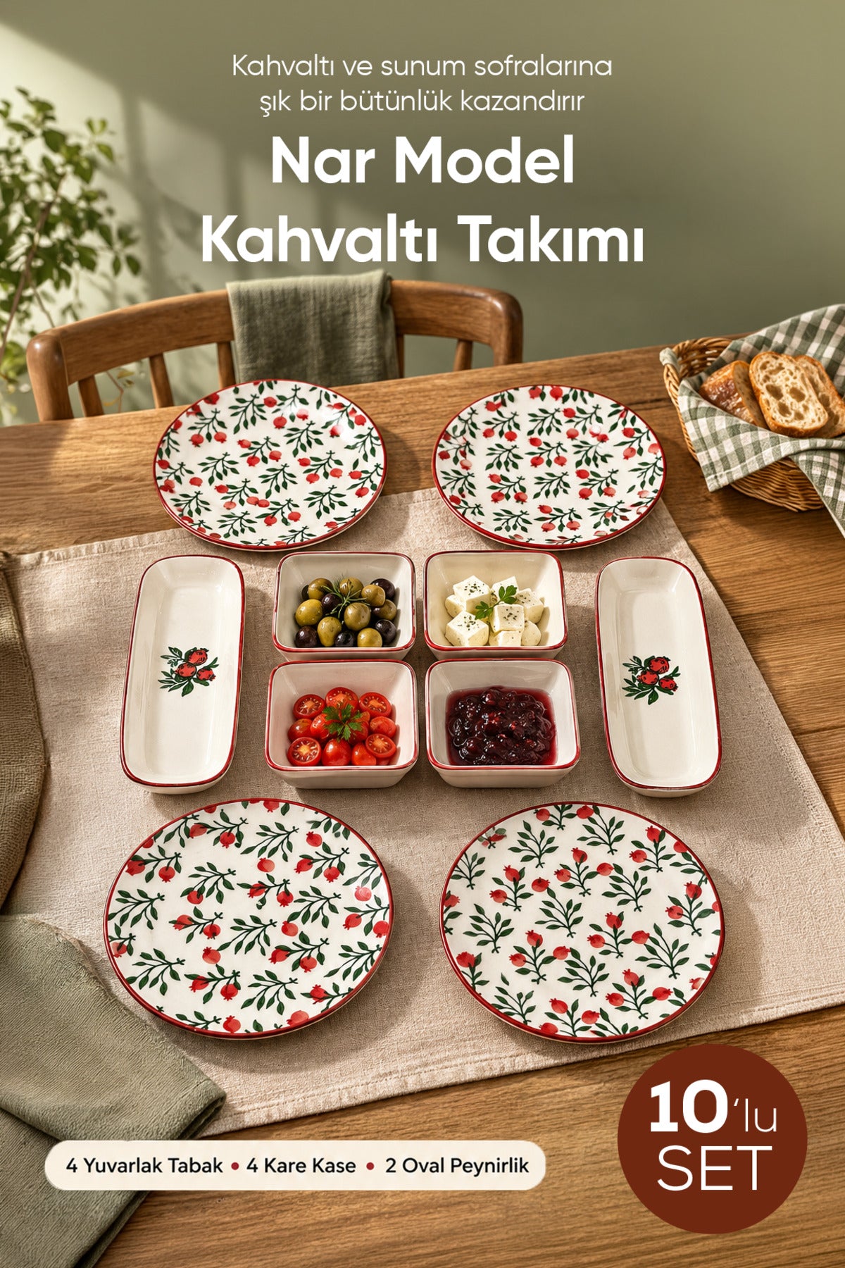 10 Parça Nar Model Seramik Kahvaltı Takımı - Sofra Servis Seti 4x(Yuvarlak Tabak - Kare Kase) 2x(Oval Peynirlik)