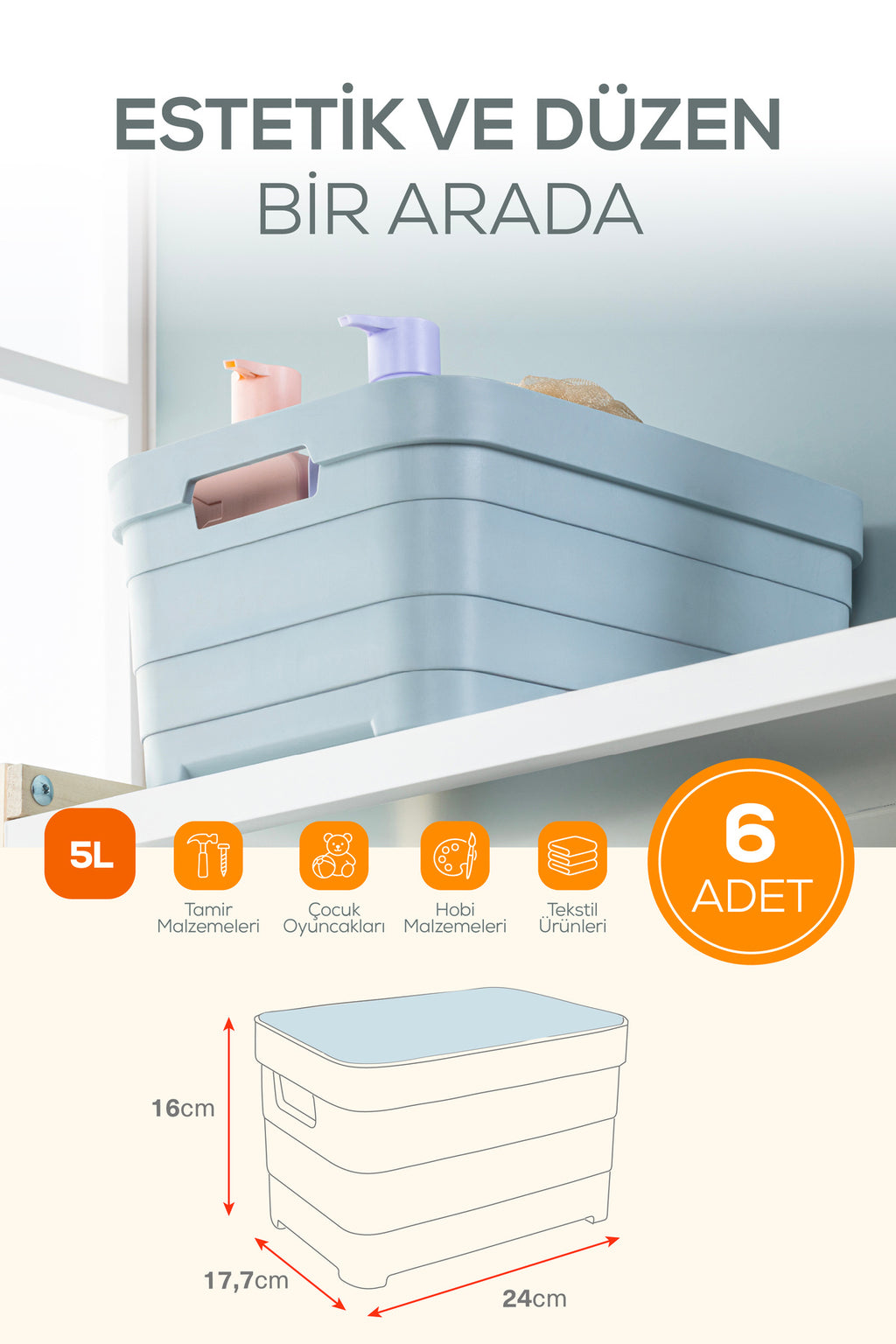 6'lı Kapaklı 5 Litre Saklama Kutusu Beyaz