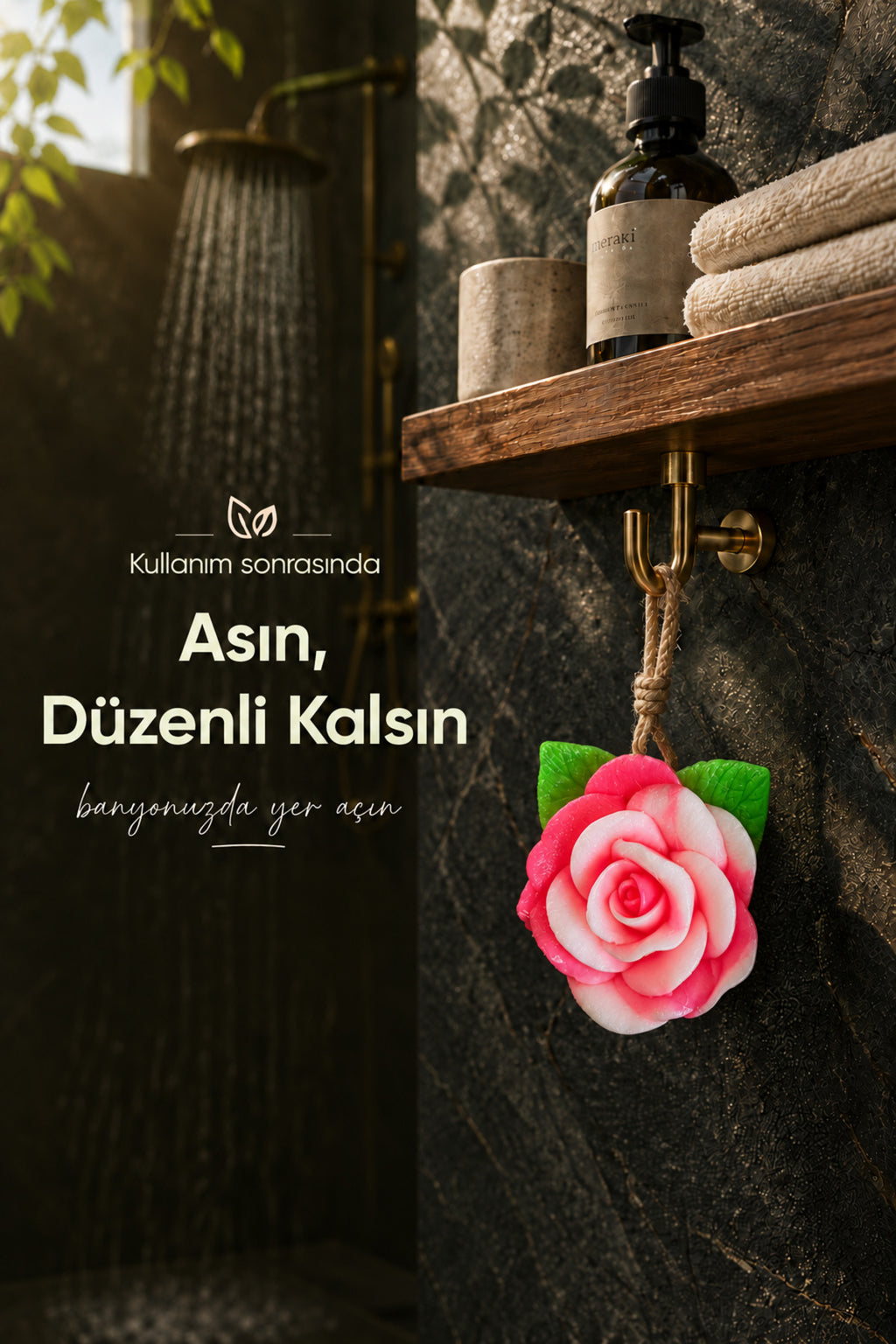 Pembe Gül Şekilli Katı Sabun 10x11 cm Asılabilir Dekoratif Banyo El Sabunu