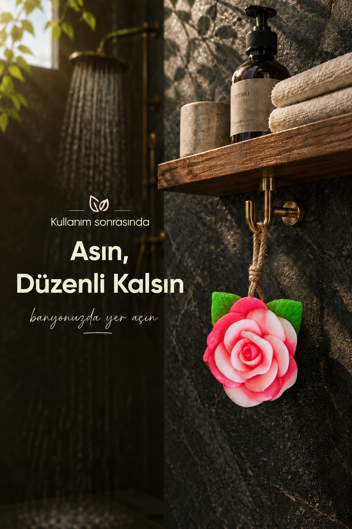 Pembe Gül Şekilli Katı Sabun 10x11 cm Asılabilir Dekoratif Banyo El Sabunu