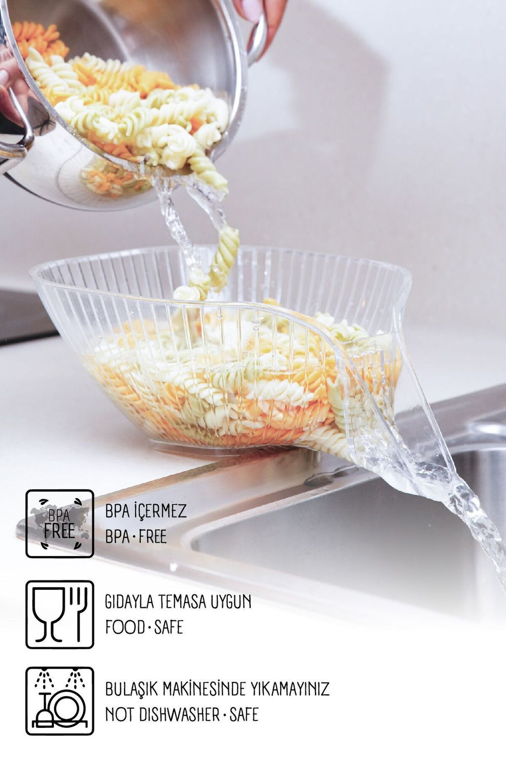 Meyve Sebze Yıkama Süzme Süzgeci - Makarna Süzgeci Beyaz