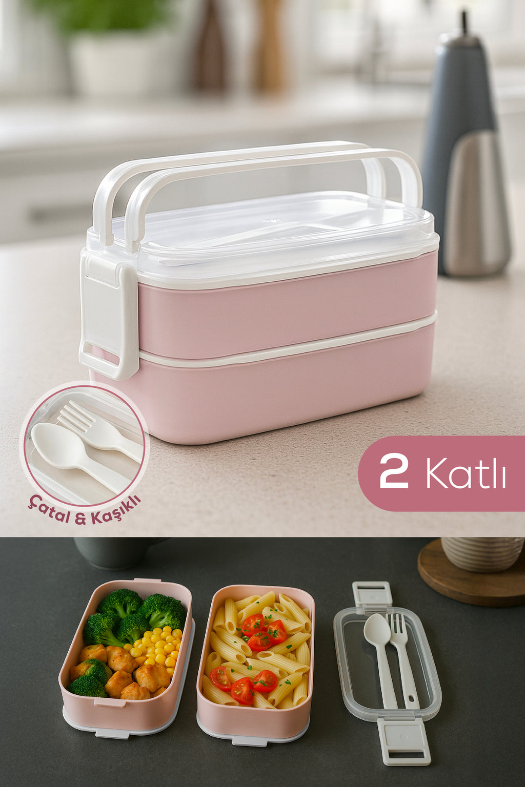 İki Katlı Saklama Kabı ve Öğün Kabı – Çatal Kaşık Dahil Pembe