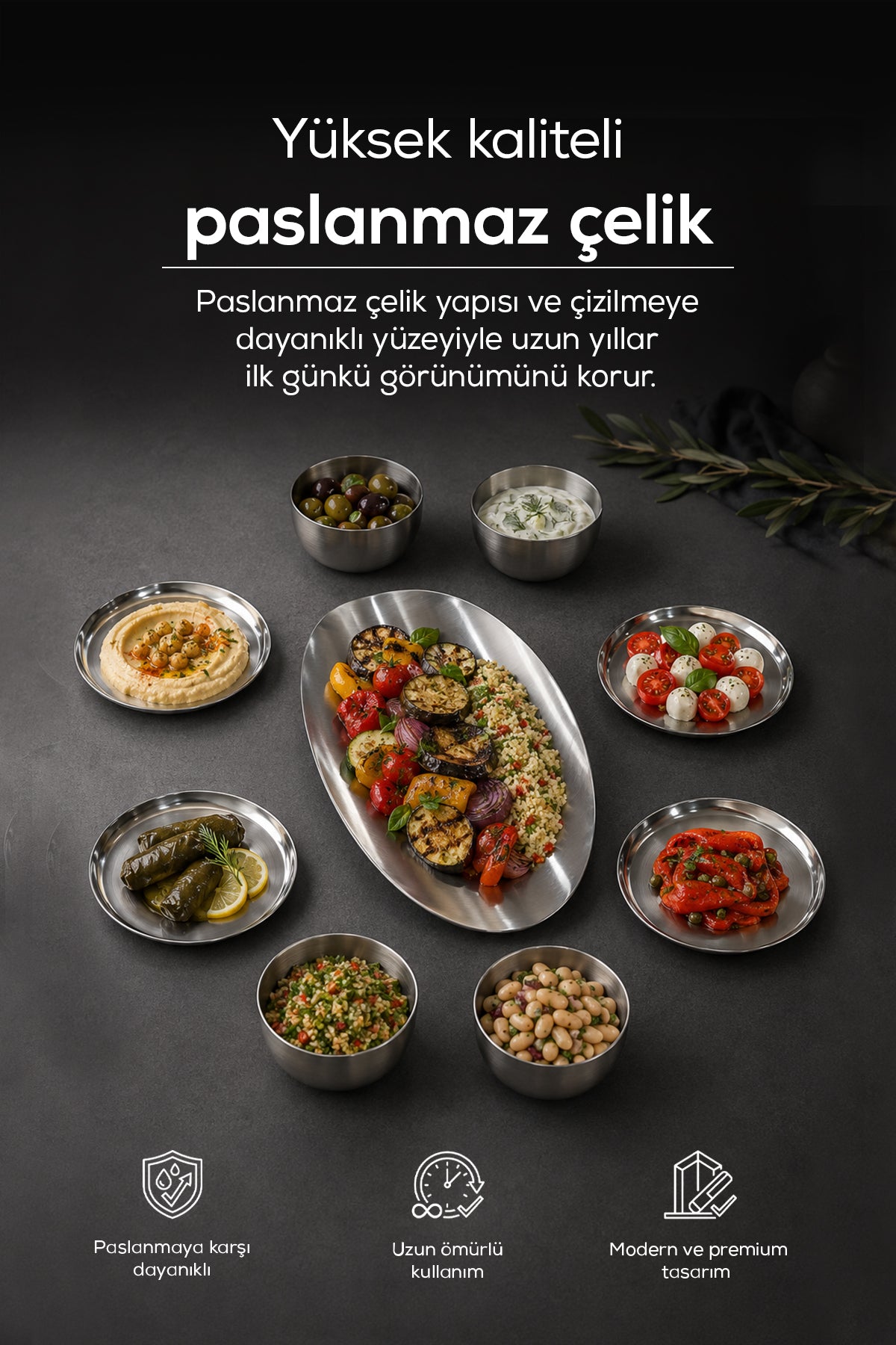 9 Parça Paslanmaz Çelik Meze ve Sunum Tabağı Seti, Çerezlik, Servis Takımı
