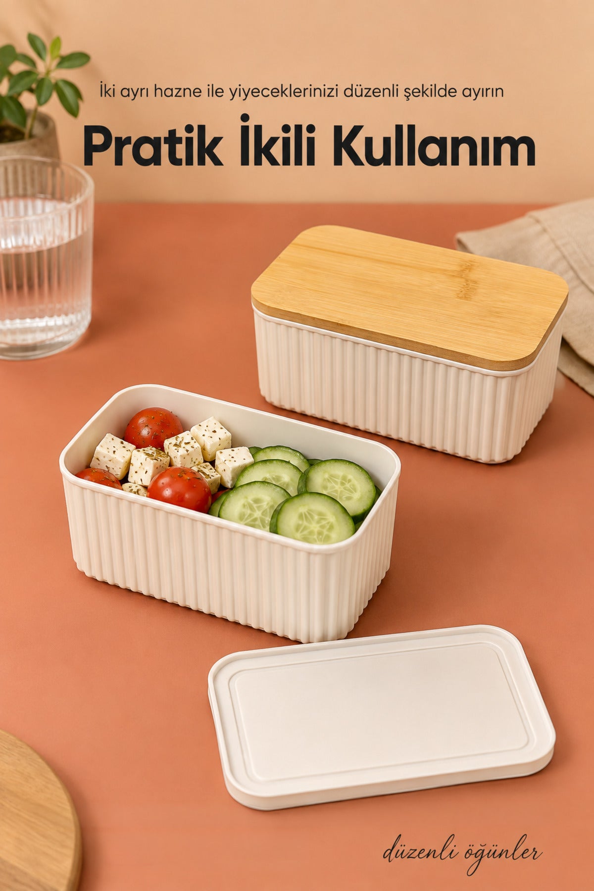 2'li 500 ml Dikdörtgen Fitilli Desenli Bantlı Saklama Kabı Bambu Kapaklı Taşınabilir Beslenme Seti