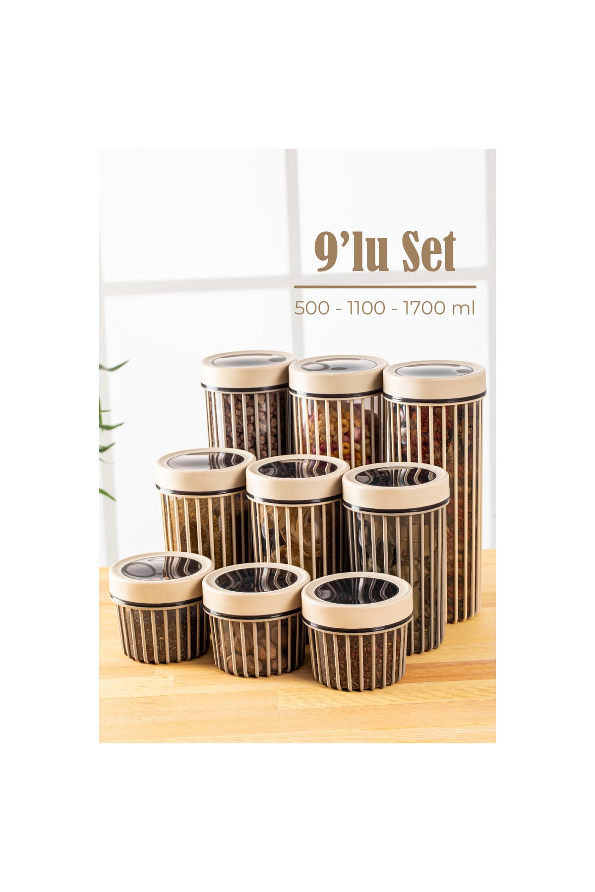 9lu Linea Çevir Aç Kapak Kavanoz Saklama Kabı Seti 3x(500 -1100-1700 ml) Krem
