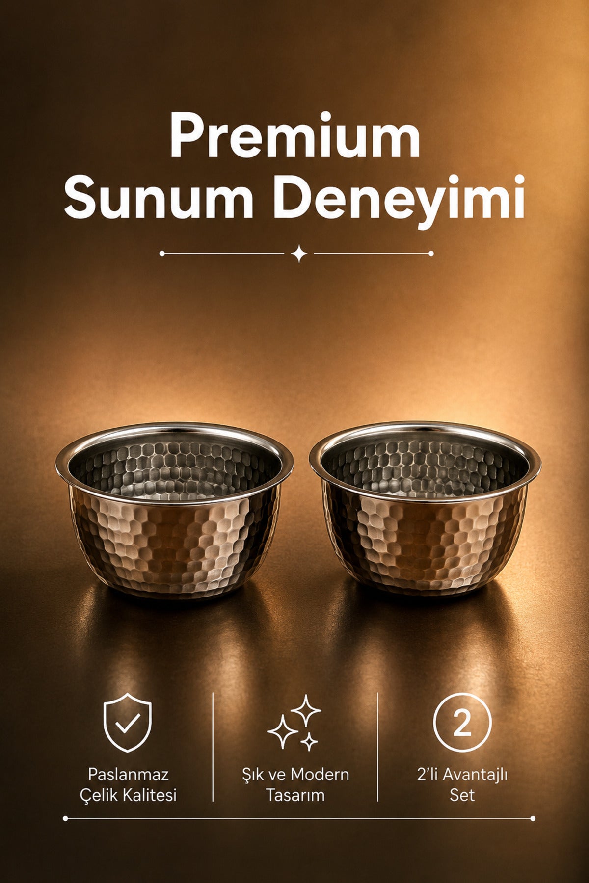 Paslanmaz Metal 2'li Çerezlik Kase Takımı - 9,5x6 cm Lüks Sunum ve Sosluk Seti