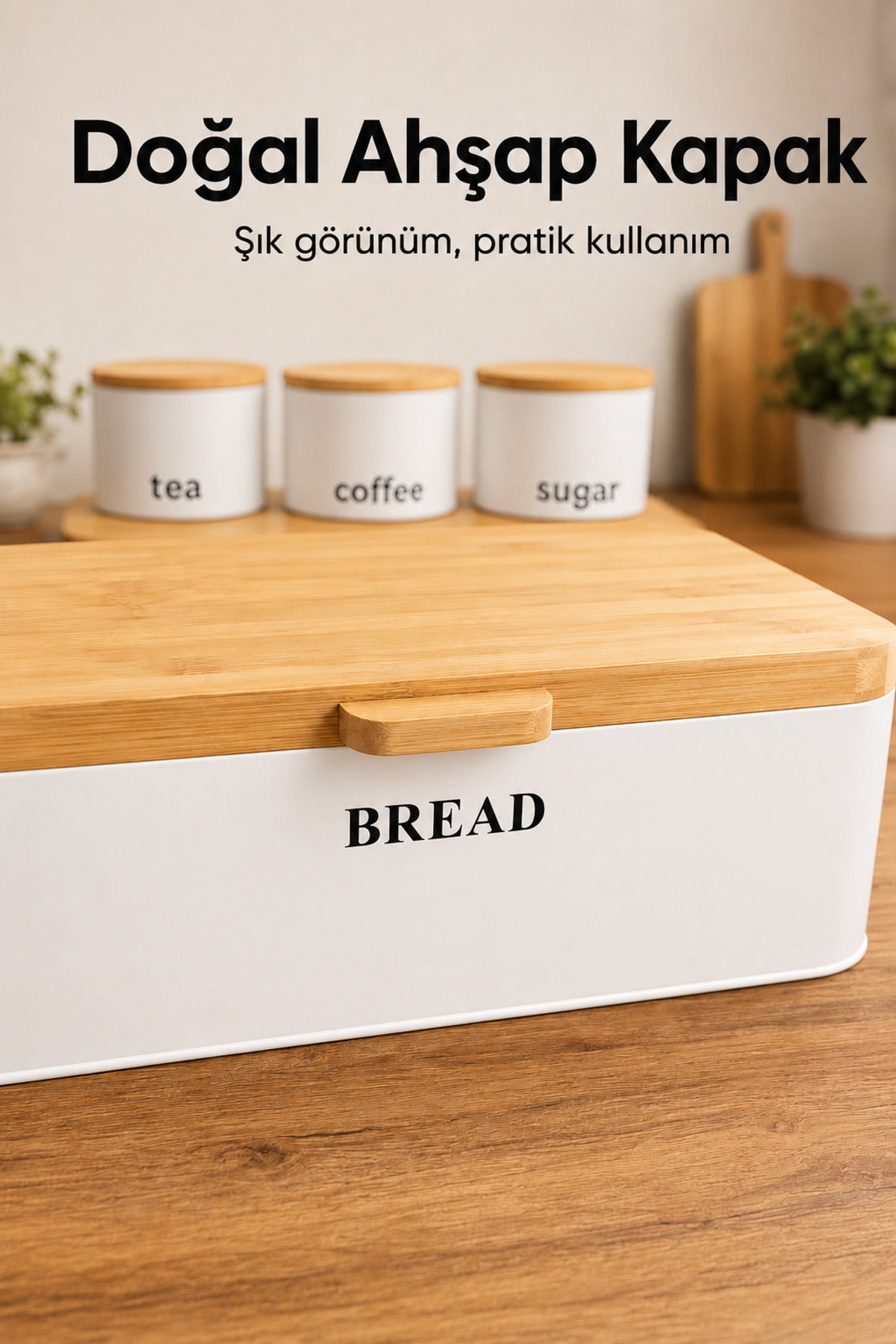Dikdörtgen Ahşap Kapaklı Metal Ekmek Kutusu Ve 3lü Yuvarlak Çay Kahve Şeker Saklama Kabı Seti Beyaz