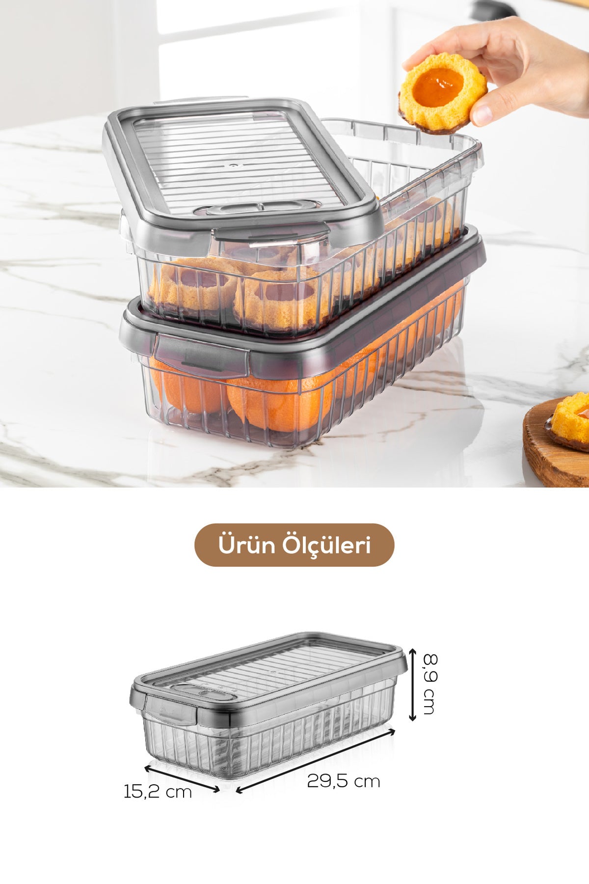 3lü Kendinden Çizgili Kilitli Kapaklı Saklama Kabı Seti 2 Litre