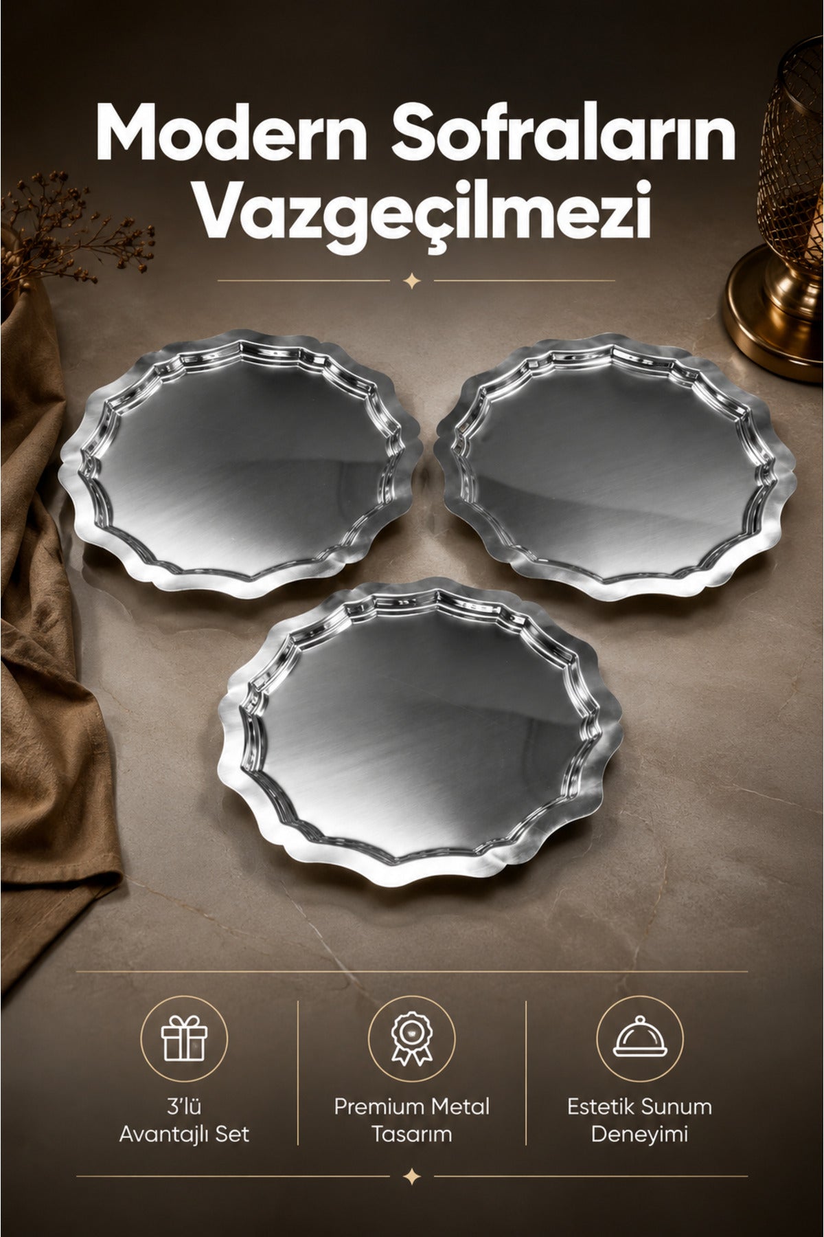 3'lü Metal Sunum Tabağı Seti 24 cm - çiçek dekor sunum tepsi
