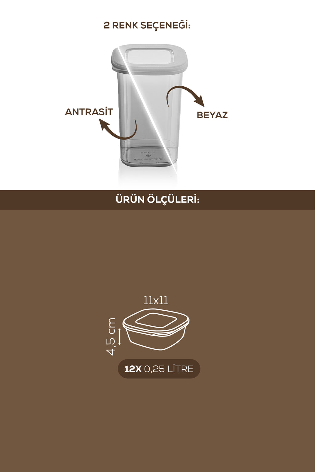 12'li Etiketli Lux Hava Geçirmez Erzak ve Baharat Saklama Kabı Seti 0,25 Lt Antrasit