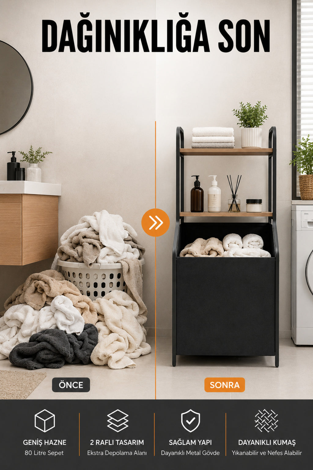 Metal Gövdeli Ahşap Raflı Banyo Düzenleyici - 80 L Geniş Kumaş Kirli Sepeti