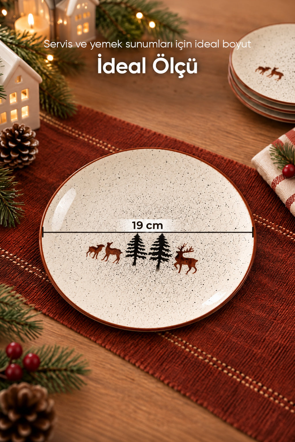 6'lı Geyik Desenli Yuvarlak Pasta Tabağı 19 cm Tatlı Sunum Servis Tabağı 6 Kişilik