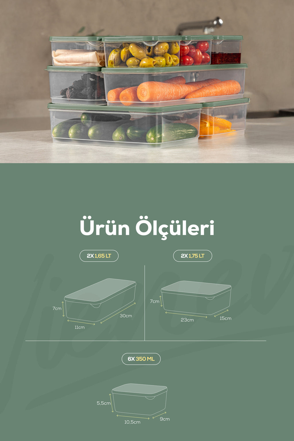 10'lu Buzdolabı Dondurucu Organizer Ve Saklama Kabı Yeşil 6x(350ML) 2x(1,65LT) 2x(1,75LT)