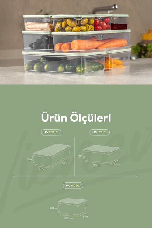 10'lu Buzdolabı Dondurucu Organizer Ve Saklama Kabı Mint 6x(350ML) 2x(1,65LT) 2x(1,75LT)
