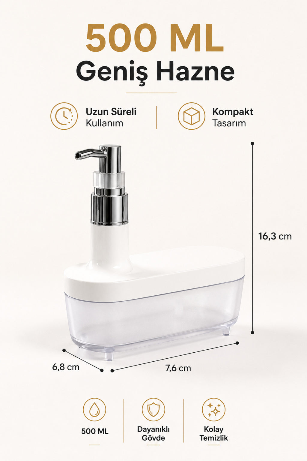 Modern Beyaz Sıvı Sabunluk 500 ml | Şık Banyo ve Mutfak Dispenseri - Yayvan Tasarım