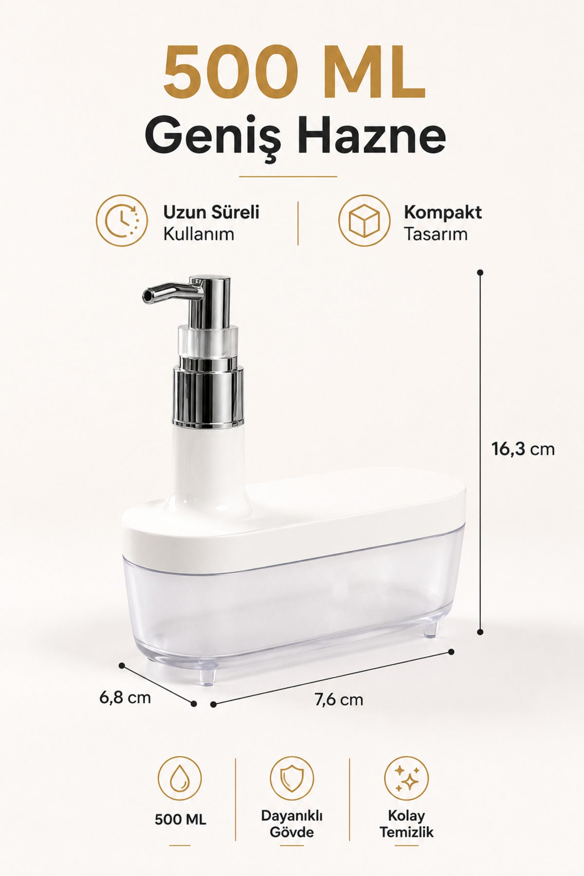 Modern Beyaz Sıvı Sabunluk 500 ml | Şık Banyo ve Mutfak Dispenseri - Yayvan Tasarım