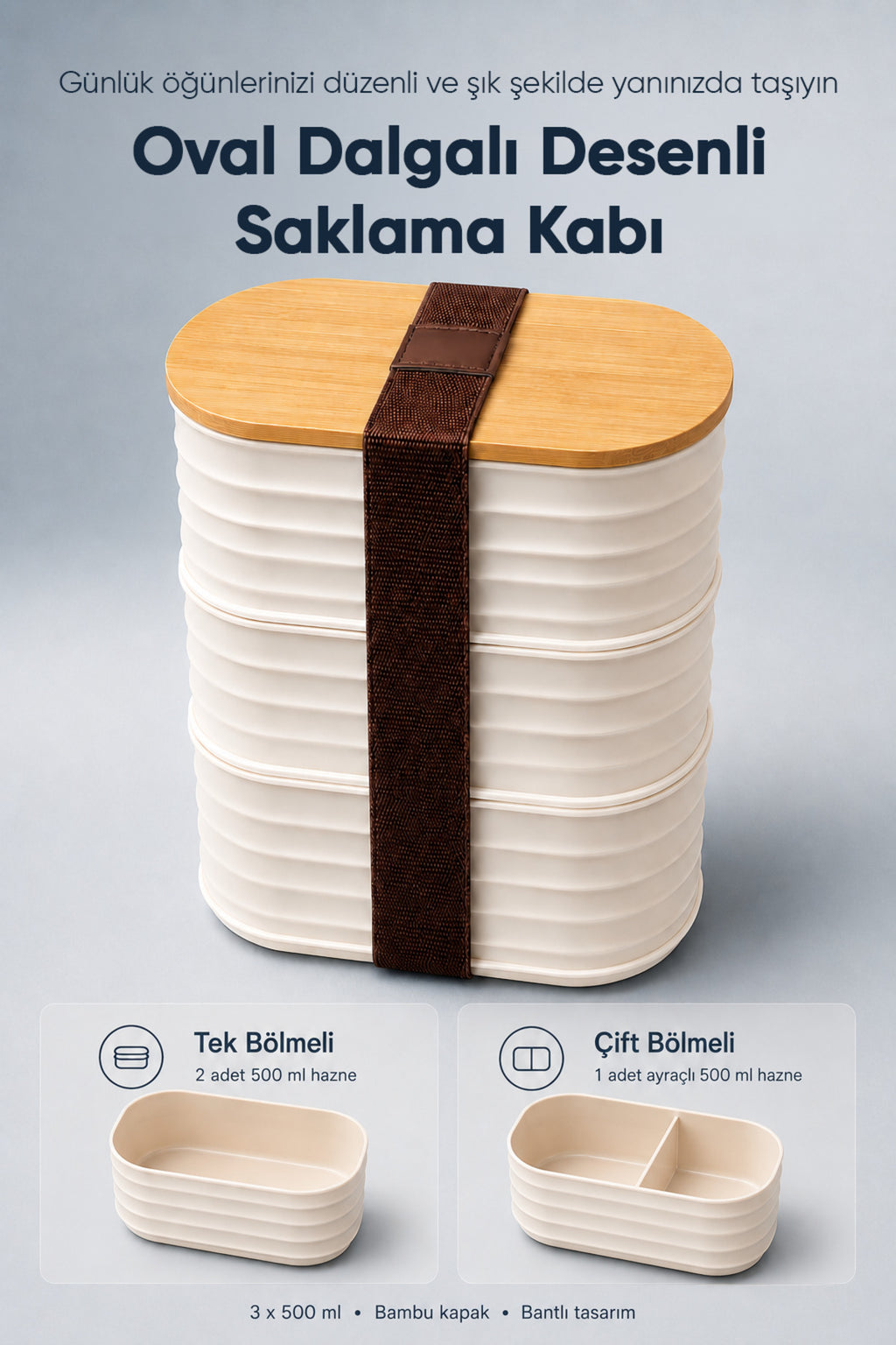 3'lü 500 ml Oval Dalgalı Desenli Bantlı Saklama Kabı Bambu Kapaklı Taşınabilir Beslenme Seti