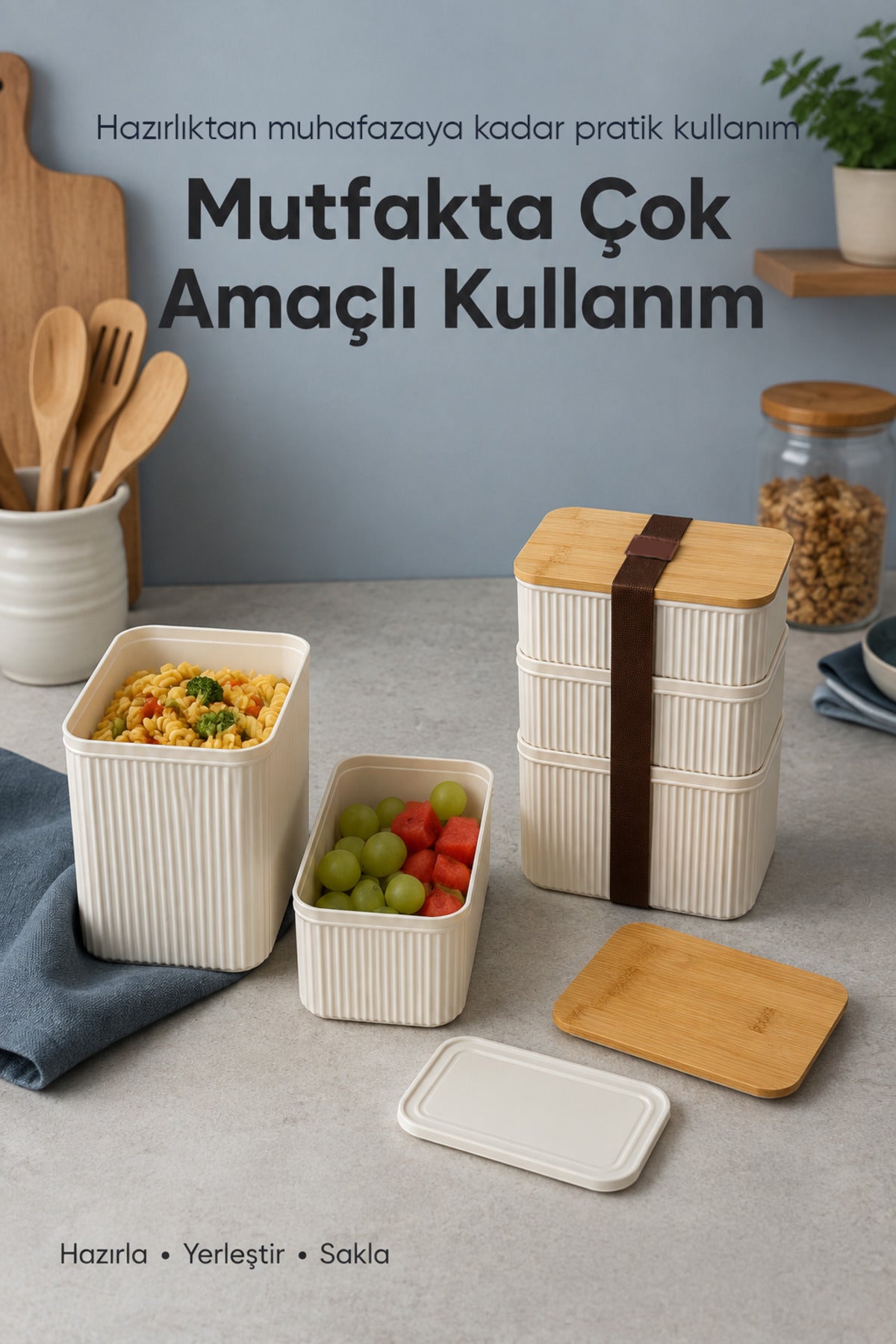 3'lü Dikdörtgen Fitilli Desenli Bantlı Saklama Kabı 2x(500 ml) 1x(1 Litre) Bambu Kapaklı Taşınabilir Beslenme Seti