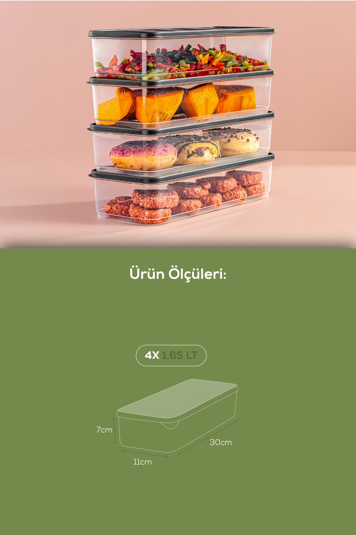 4'lü 1,65 Litre Buzdolabı Düzenleyici Organizer Mikrodalgaya Uygun Difriz Saklama Kabı Gri