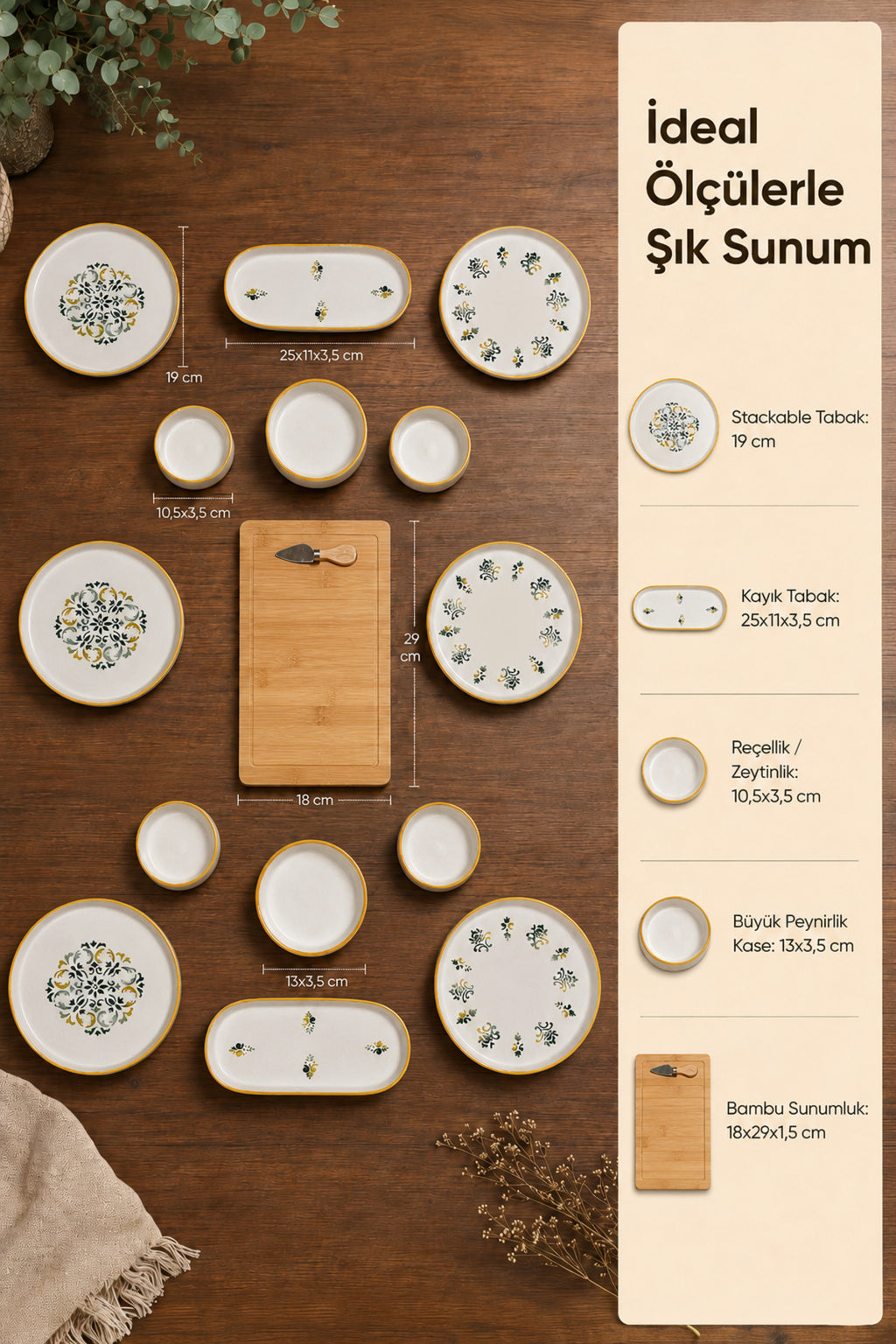 15 Parça Bambu Sunumluklu Klasik Kahvaltı Takımı Seti