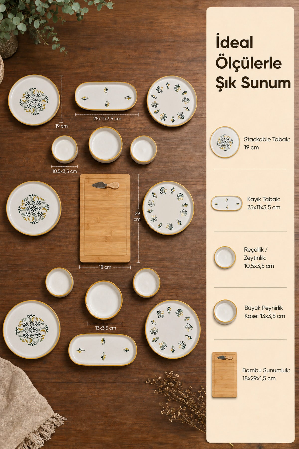 15 Parça Bambu Sunumluklu Klasik Kahvaltı Takımı Seti