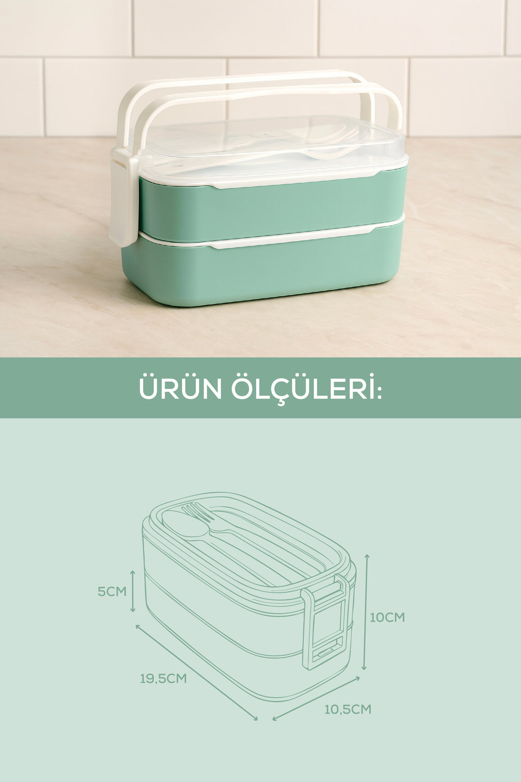 İki Katlı Saklama Kabı ve Öğün Kabı – Çatal Kaşık Dahil Mint