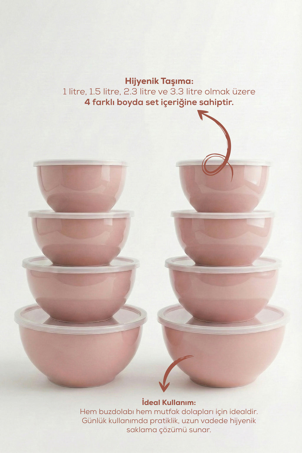 8'li Yuvarlak Kase Seti Pembe | 1l, 1.5l, 2.3l, 3.3l | Kapaklı Çok Amaçlı Mutfak Saklama Kabı