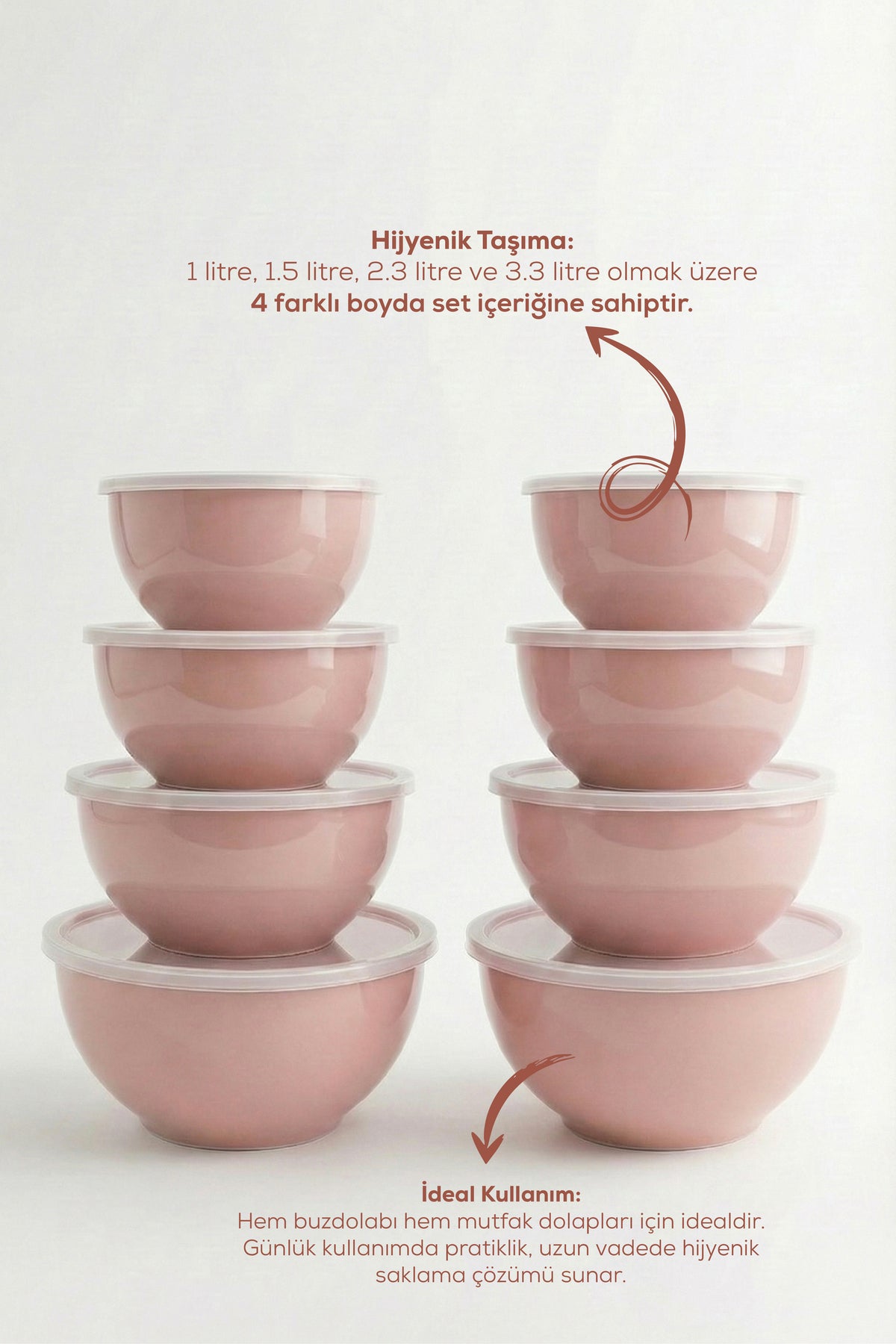 8'li Yuvarlak Kase Seti Pembe | 1l, 1.5l, 2.3l, 3.3l | Kapaklı Çok Amaçlı Mutfak Saklama Kabı