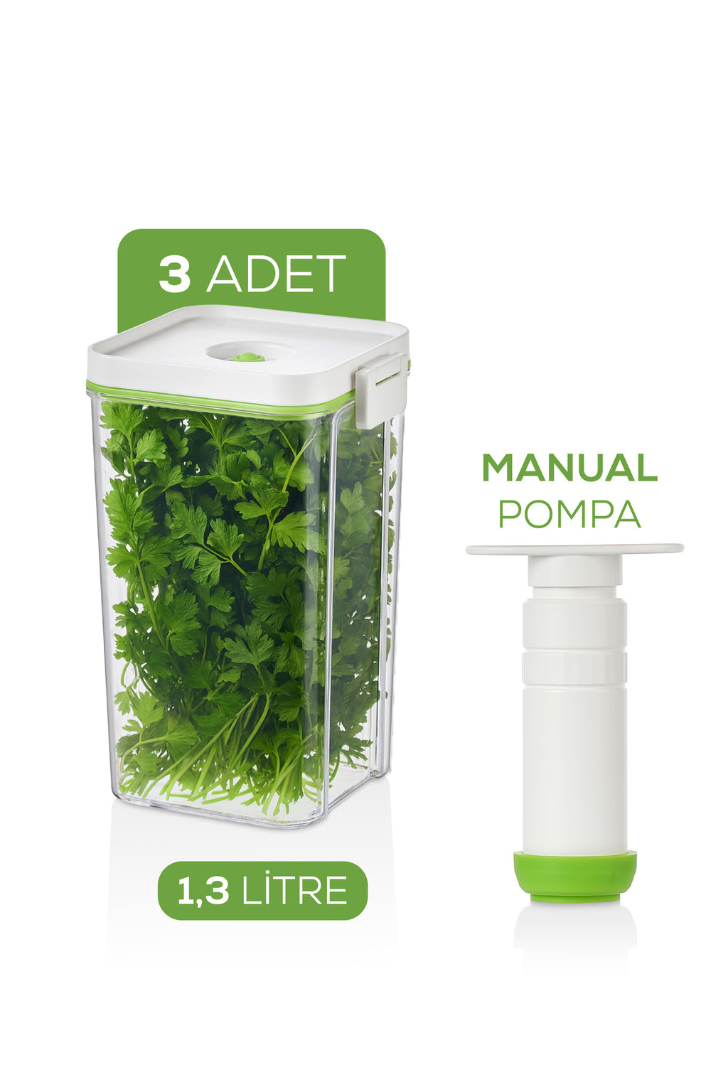 4'lü Vakumlu Saklama Kabı Seti | 3x 1,3 Litre Kap + Manuel Pompa