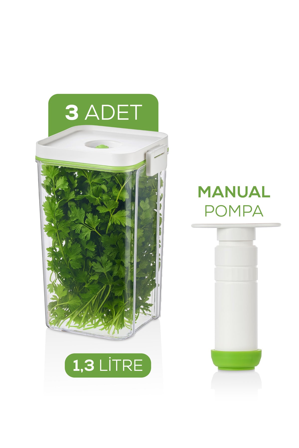 4'lü Vakumlu Saklama Kabı Seti | 3x 1,3 Litre Kap + Manuel Pompa