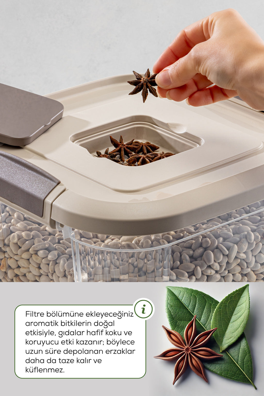 4'lü 12 Litre Kare Çok Amaçlı Filtre Kapaklı Un Bakliyat Saklama Kabı Bej