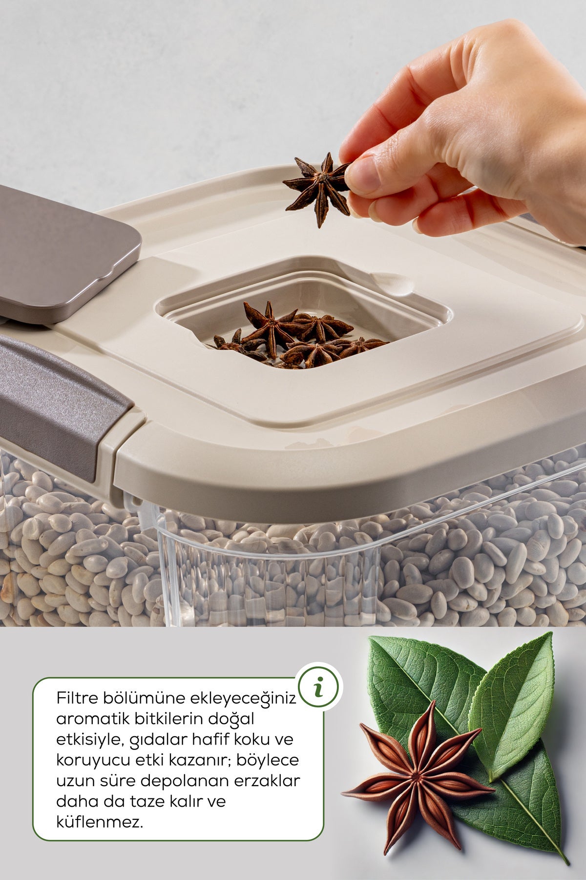 4'lü 12 Litre Kare Çok Amaçlı Filtre Kapaklı Un Bakliyat Saklama Kabı Bej