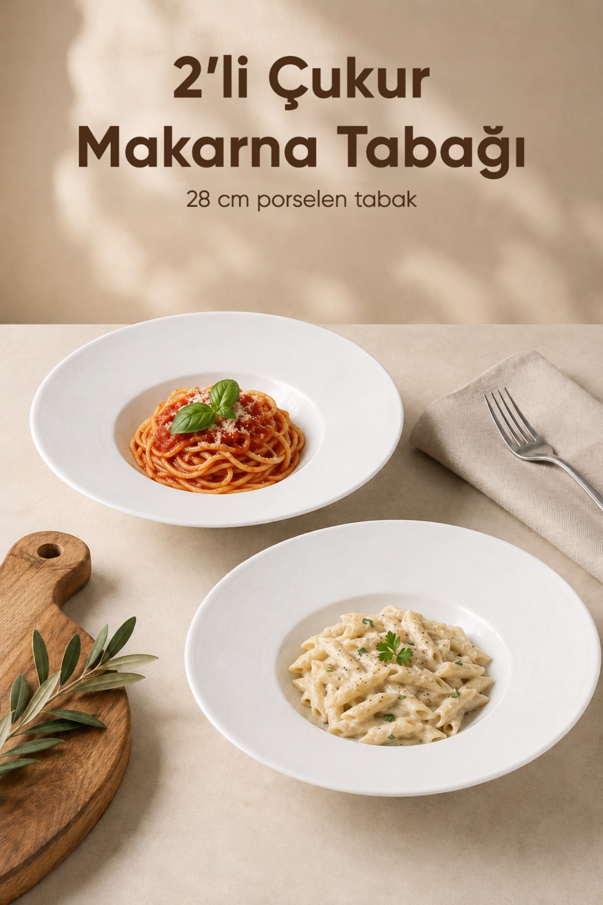 2'li Porselen Çukur Makarna Tabağı Salata Sunum Kasesi 28 cm