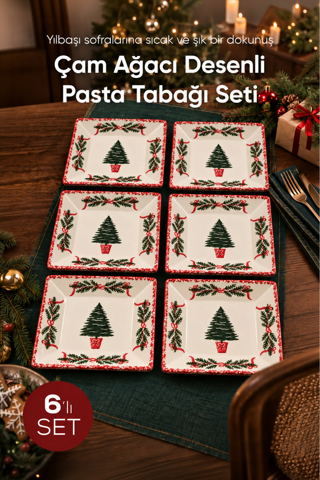6'lı Çam Ağacı Desenli Kare Pasta Tabağı 18,7 cm Tatlı Sunum Servis Tabağı 6 Kişilik