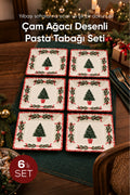 6'lı Çam Ağacı Desenli Kare Pasta Tabağı 18,7 cm Tatlı Sunum Servis Tabağı 6 Kişilik
