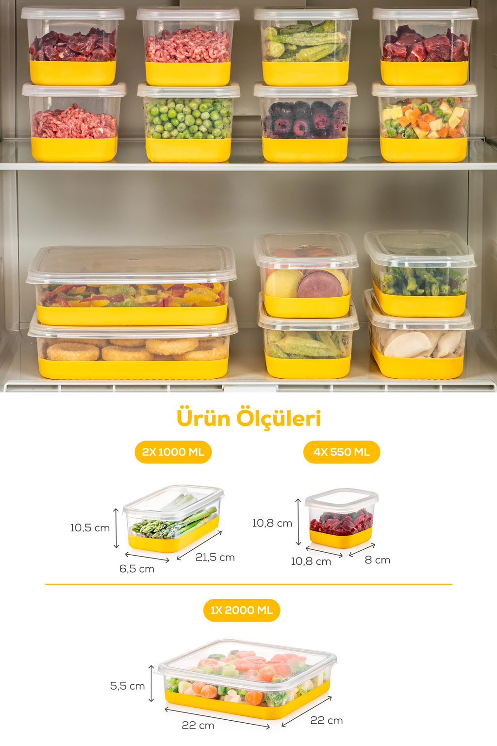 7 Parça Yumuşak Tabanlı Derin Dondurucu - Difriz Saklama Kabı Sarı