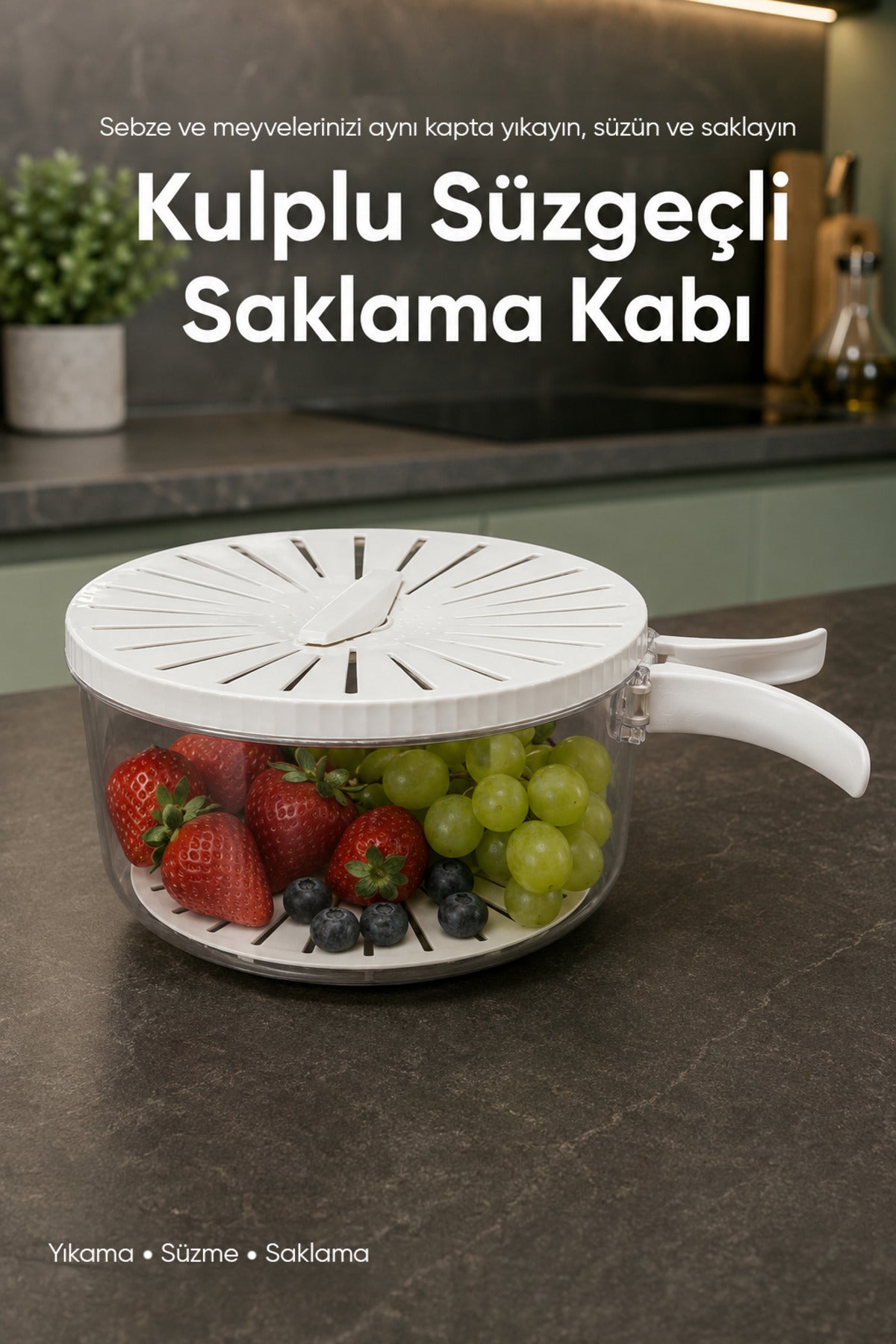 Kulplu Süzgeçli Şeffaf Saklama Kabı Kapaklı Sebze Meyve Yıkama ve Muhafaza Kabı