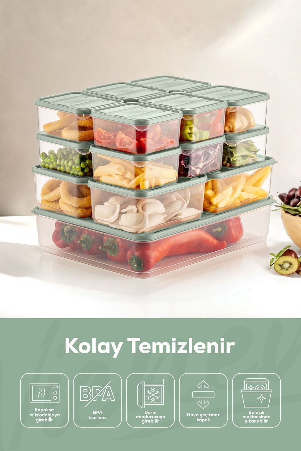 17'li Buzdolabı Düzenleyici Organizer Mikrodalgaya Uygun Difriz Saklama Kabı Mint
